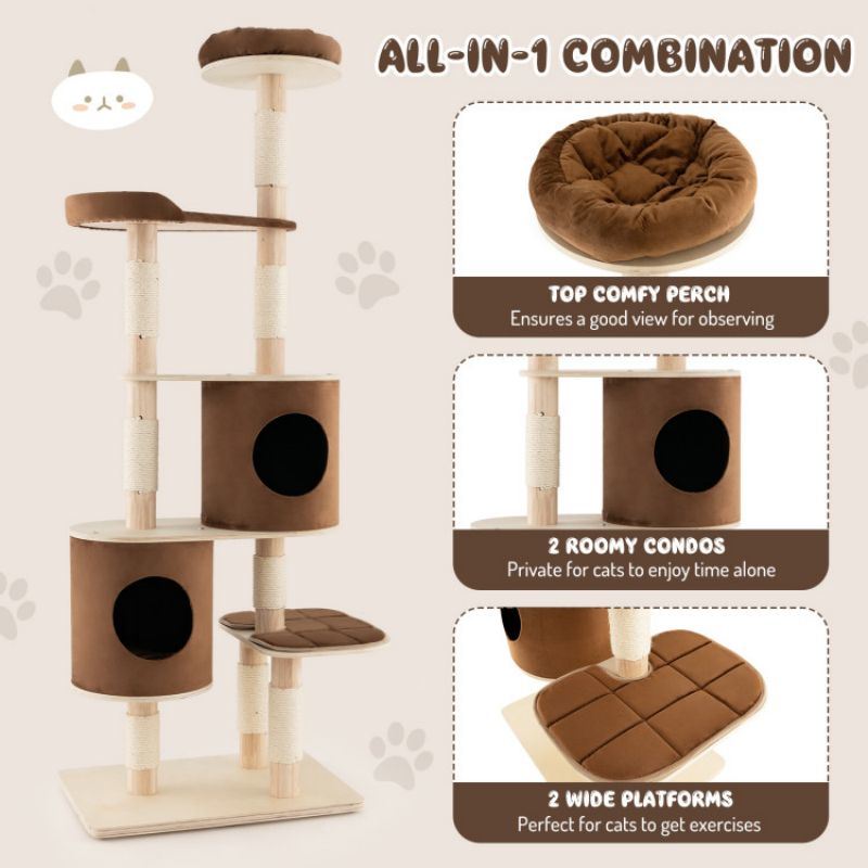 6-Tier Wooden Cat Tree with 2 Removeable Condos Platforms and Perch