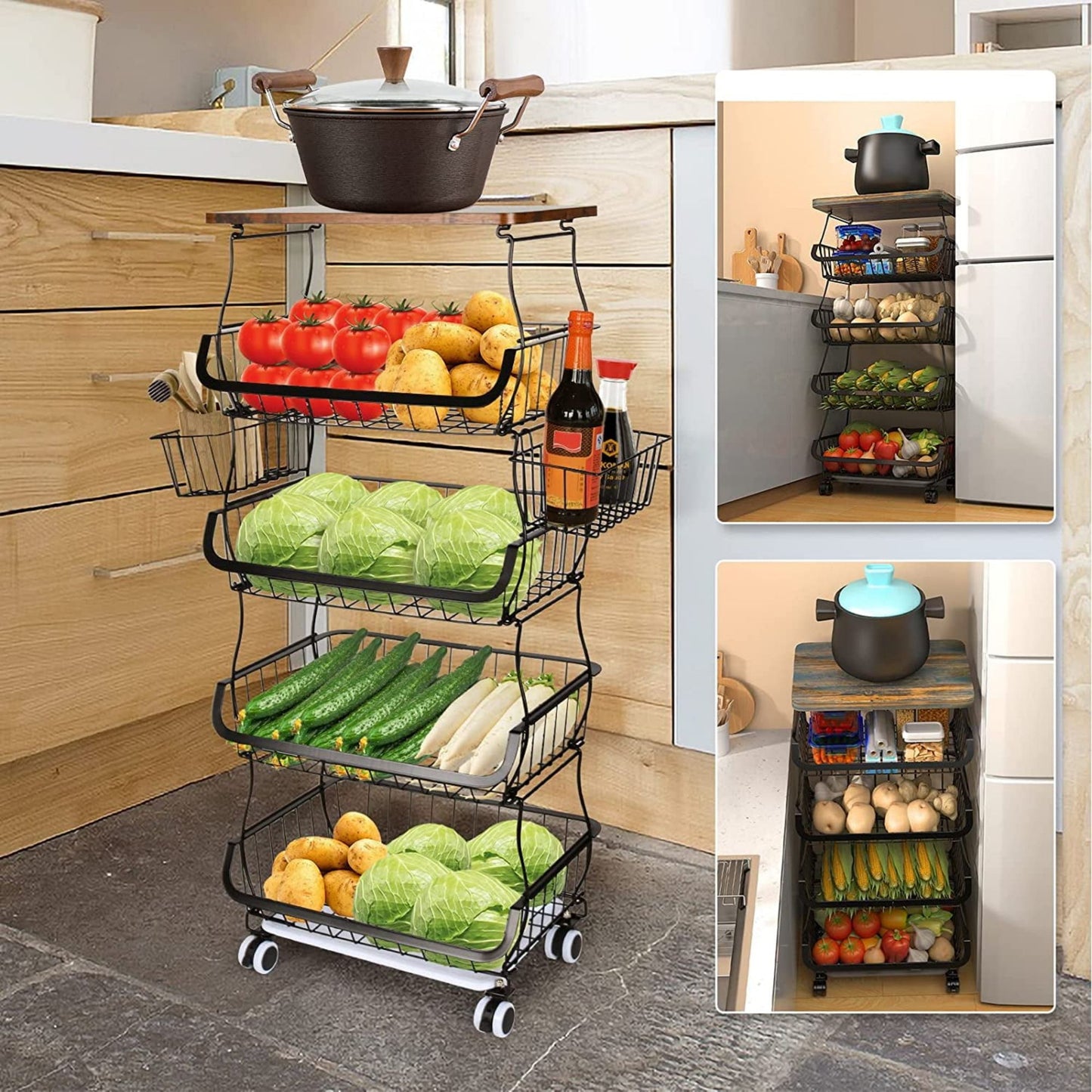 4/5/6 Tier Fruit Basket for Kitchen Organizers and Storage,with Solid Wood Top,Stackable Metal Wire Basket Stand Cart with Wheels for Fruit Vegetable