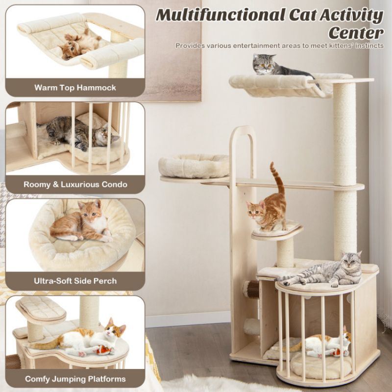 55 Inch Tall Multi-Level Cat Tree with Washable Removable Cushions