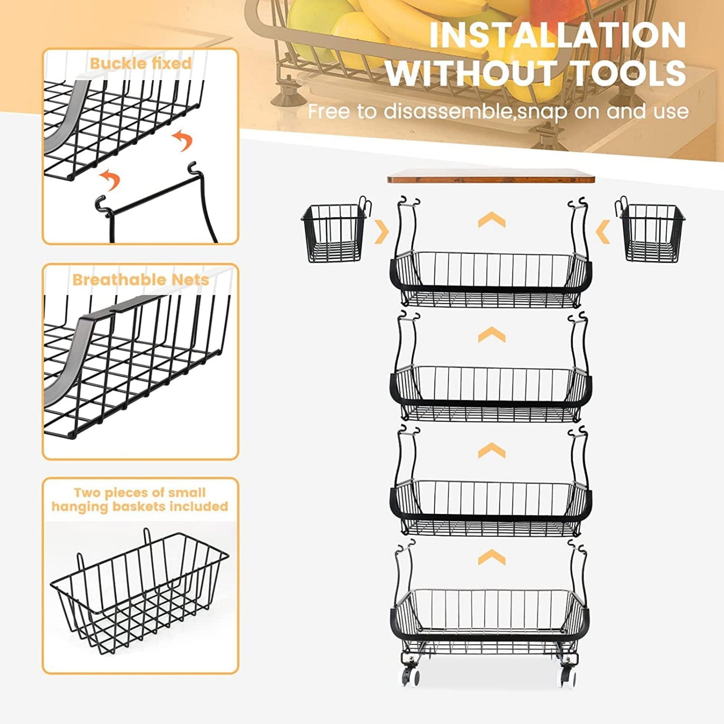 4/5/6 Tier Fruit Basket for Kitchen Organizers and Storage,with Solid Wood Top,Stackable Metal Wire Basket Stand Cart with Wheels for Fruit Vegetable