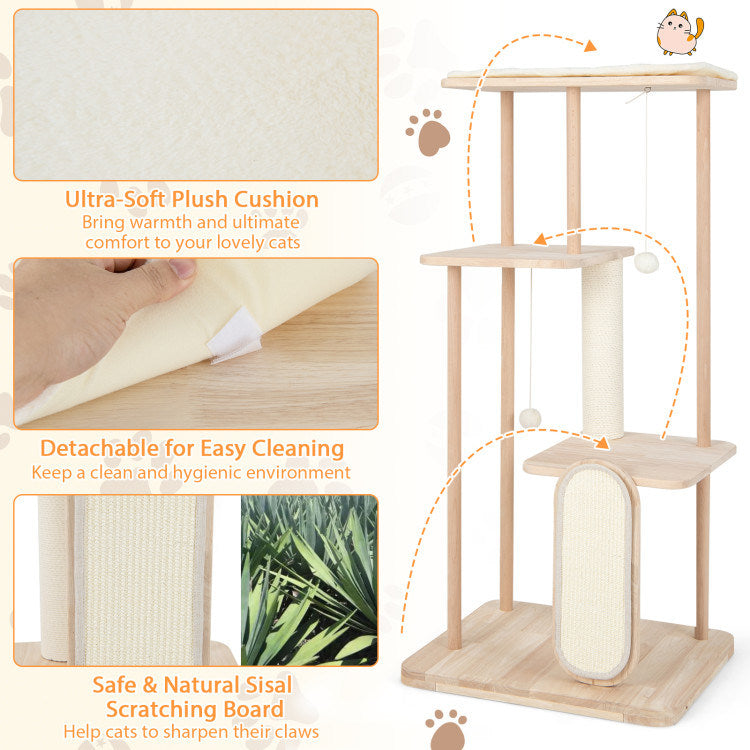 Wooden Multi-level Modern Cat Tower with Scratching Board and Post