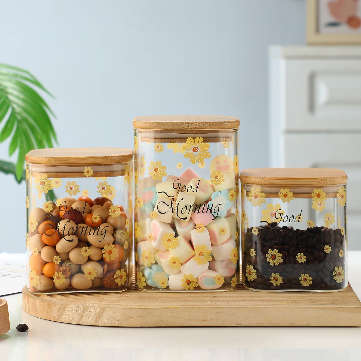 3 Pcs Glass Storage Jars Coffee Jars Candy Jars Snack Jars Miscellaneous Grain Jars Tea Jars With Bamboo Caps