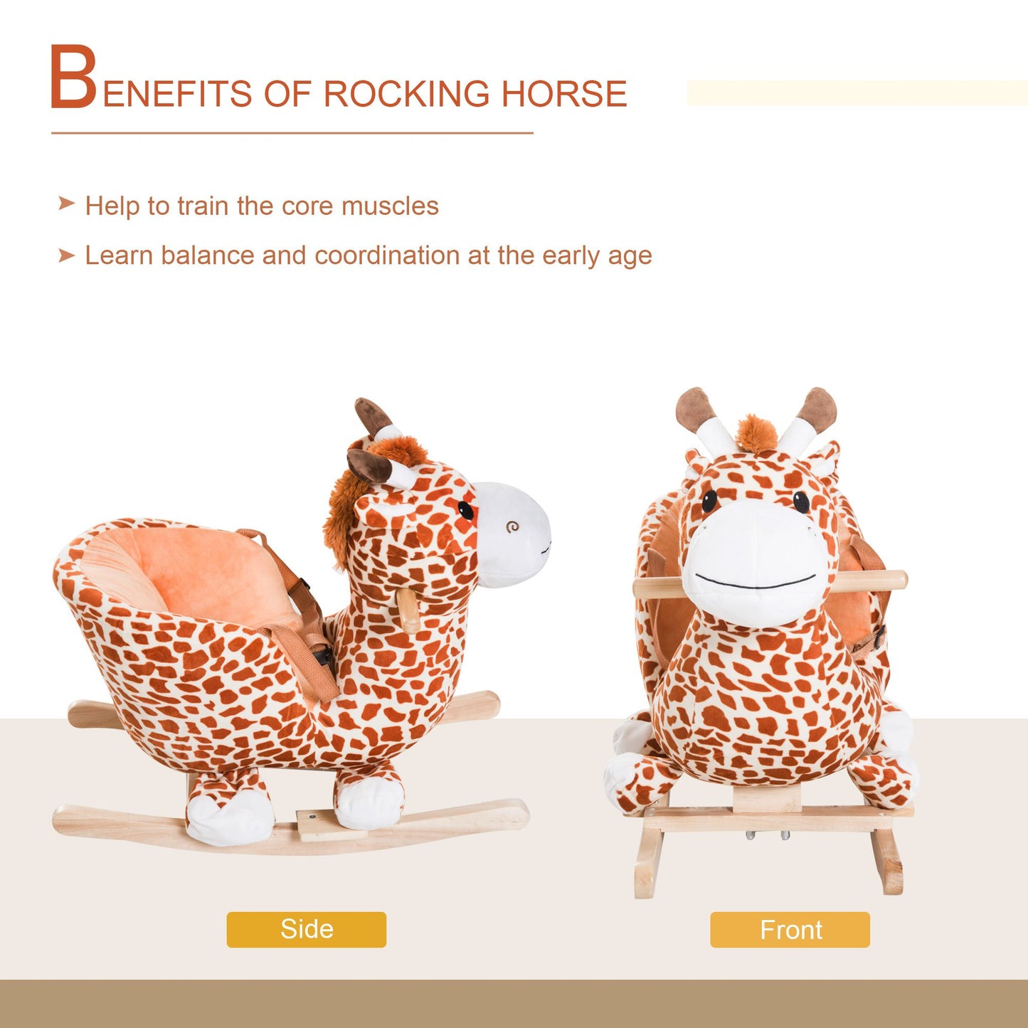 Qaba Kids Plush Rocking Horse Giraffe Style Themed Ride-On Chair Toy With Sound Brown