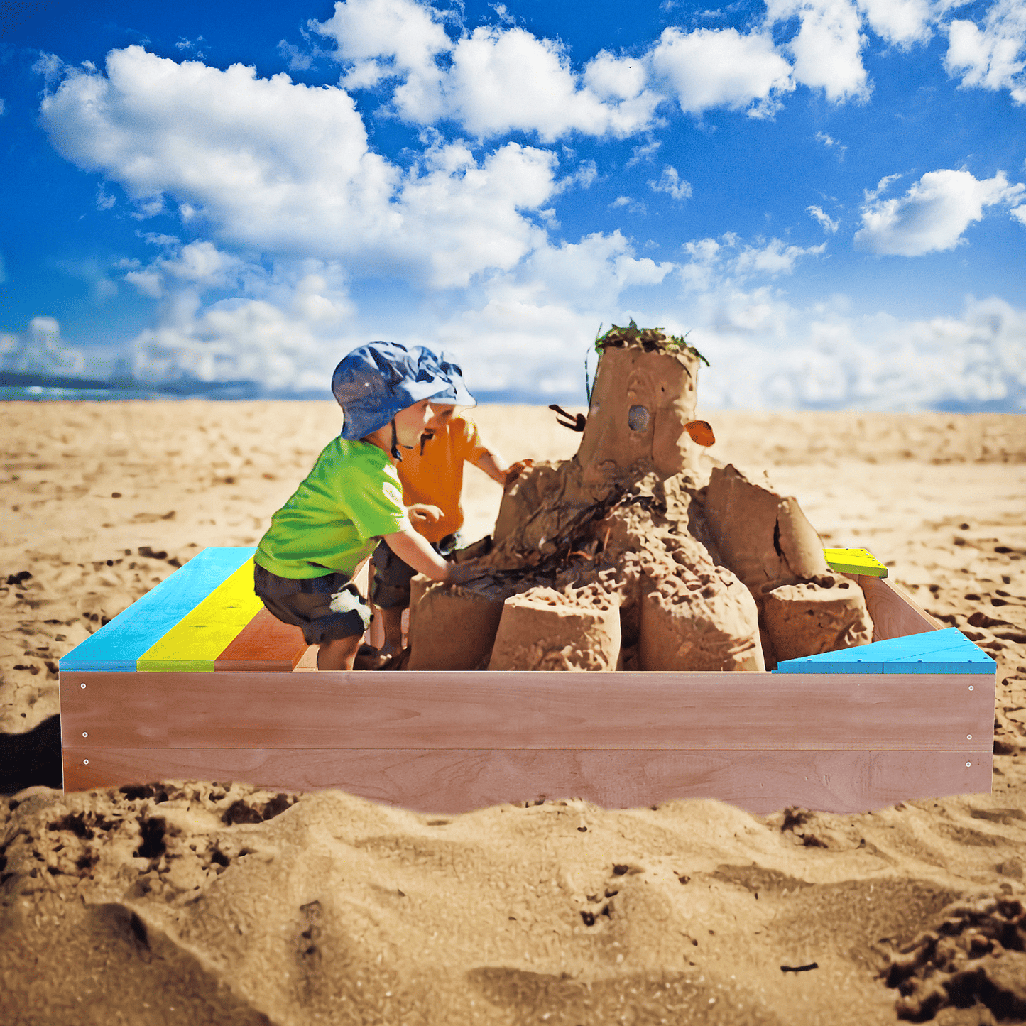 Children's Wooden Sandbox, Sandpit ,Kids Wood Playset Outdoor Backyard ,47.25"L x47.25"W x 7.87"H,Golden Red