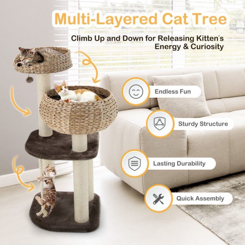 41 Inch Rattan Cat Tree with Napping Perch