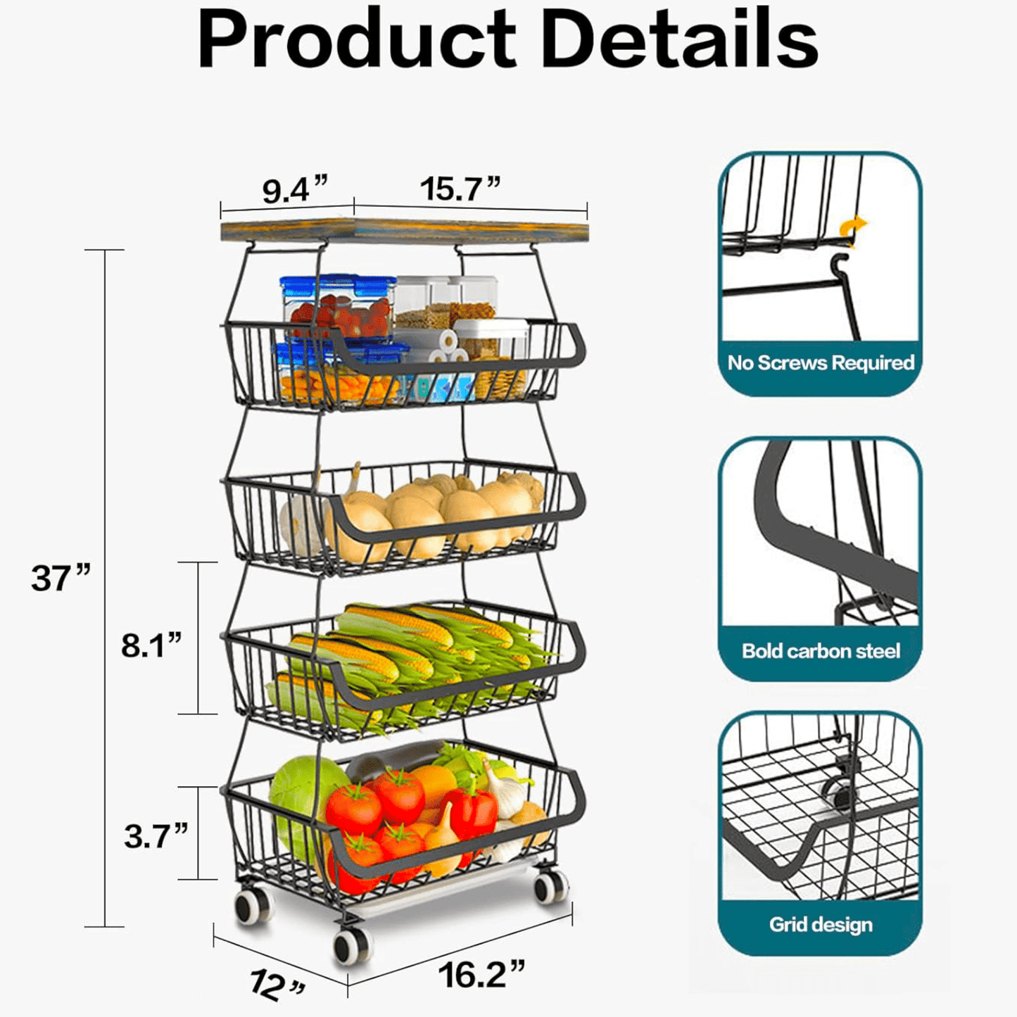 4/5/6 Tier Fruit Basket for Kitchen Organizers and Storage,with Solid Wood Top,Stackable Metal Wire Basket Stand Cart with Wheels for Fruit Vegetable