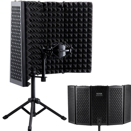 VEVOR Microphone Isolation Shield, 5-Panel, Studio Recording Mic Sound Shield, with Pop Filter Desktop Tripod Stand and 3/8'' to 5/8'' Microphone Adapter, for Blue Yeti and Condenser Microphones