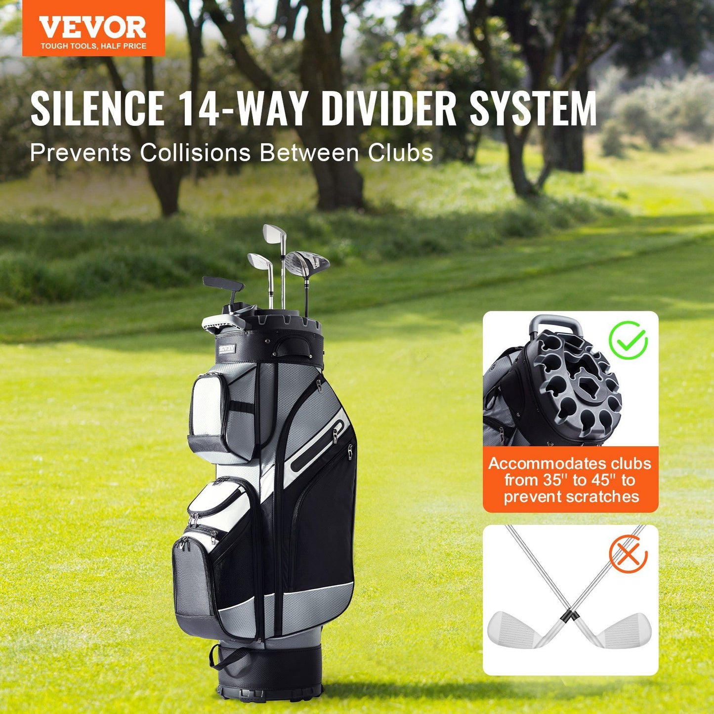 VEVOR Golf Cart Bag with 14 Way Organizer Divider Top, 41' 13 Pockets Premium Nylon Cart Bag, Durable Golf Bags with Handles & Dust Cover & Detachable Straps for Men & Women, Black Color-Block