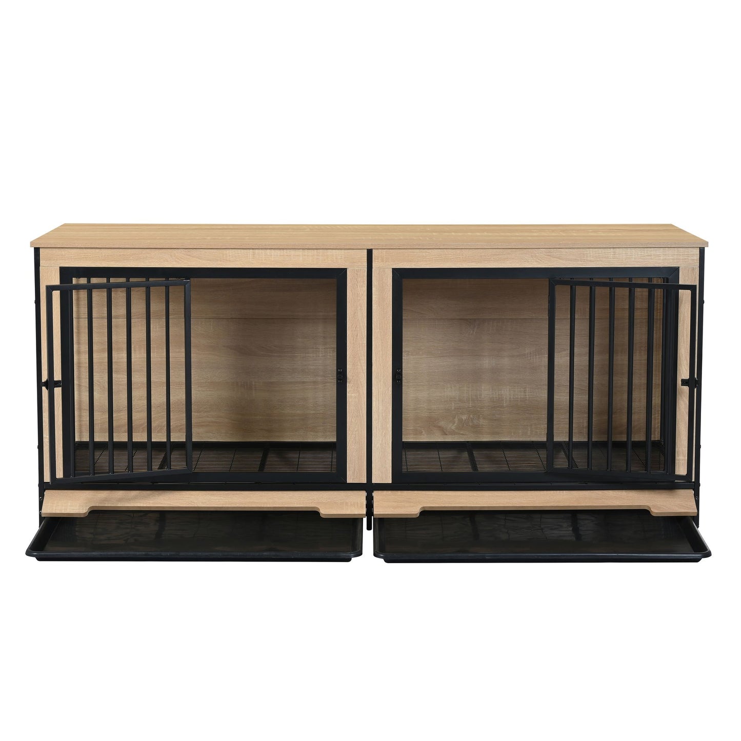 Dog Crate Furniture with Two Combined Room, XL Large Double Dog Cage Furniture with Tray for Medium Large Dogs, Wooden Dog Kennel Furniture