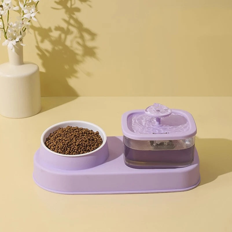 Cat Water Dispenser and Feeding Bowl 2-in-1, Dry and wet separation automatic water dispenser Sturdy cat feeding bowl Cat and dog feeding supplies easy to clean flow design