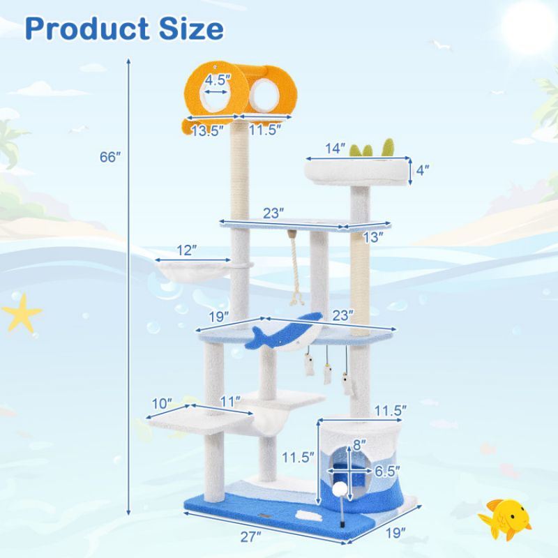 Multi-level Ocean-themed Cat Tree Tower with Sisal Covered Scratching Posts