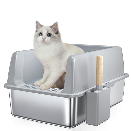 Stainless Steel Cat Litter Box, XXL Extra Large Jumbo Metal Litter Box, with Large Cat Litter Shovel, Anti Leakage Sand Pedal, Side Entrance (Cat Litter is Not Easy to Fly Out)