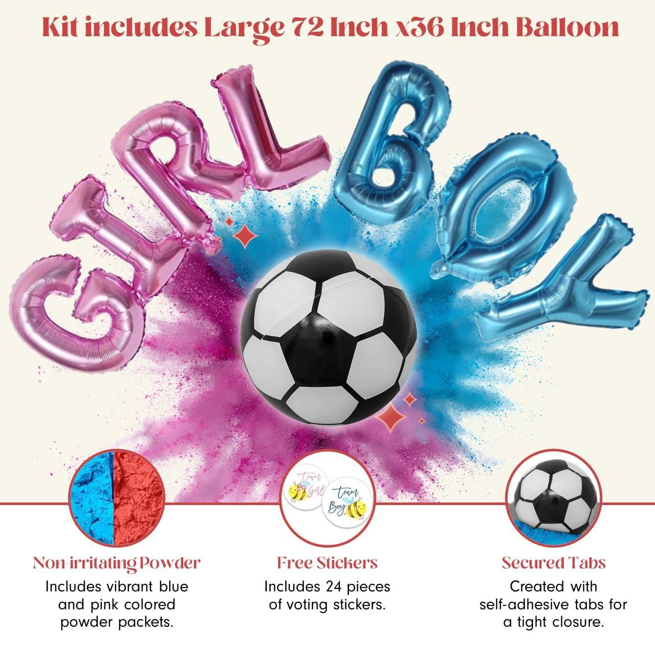 Gender Reveal Soccer Kit with Large 72 inch Balloons and Stickers Soccer Gender Reveal Games with Powder (Pink & Blue) Baby Shower Party Supplies and Gender Reveal Ideas 1 Full Kit