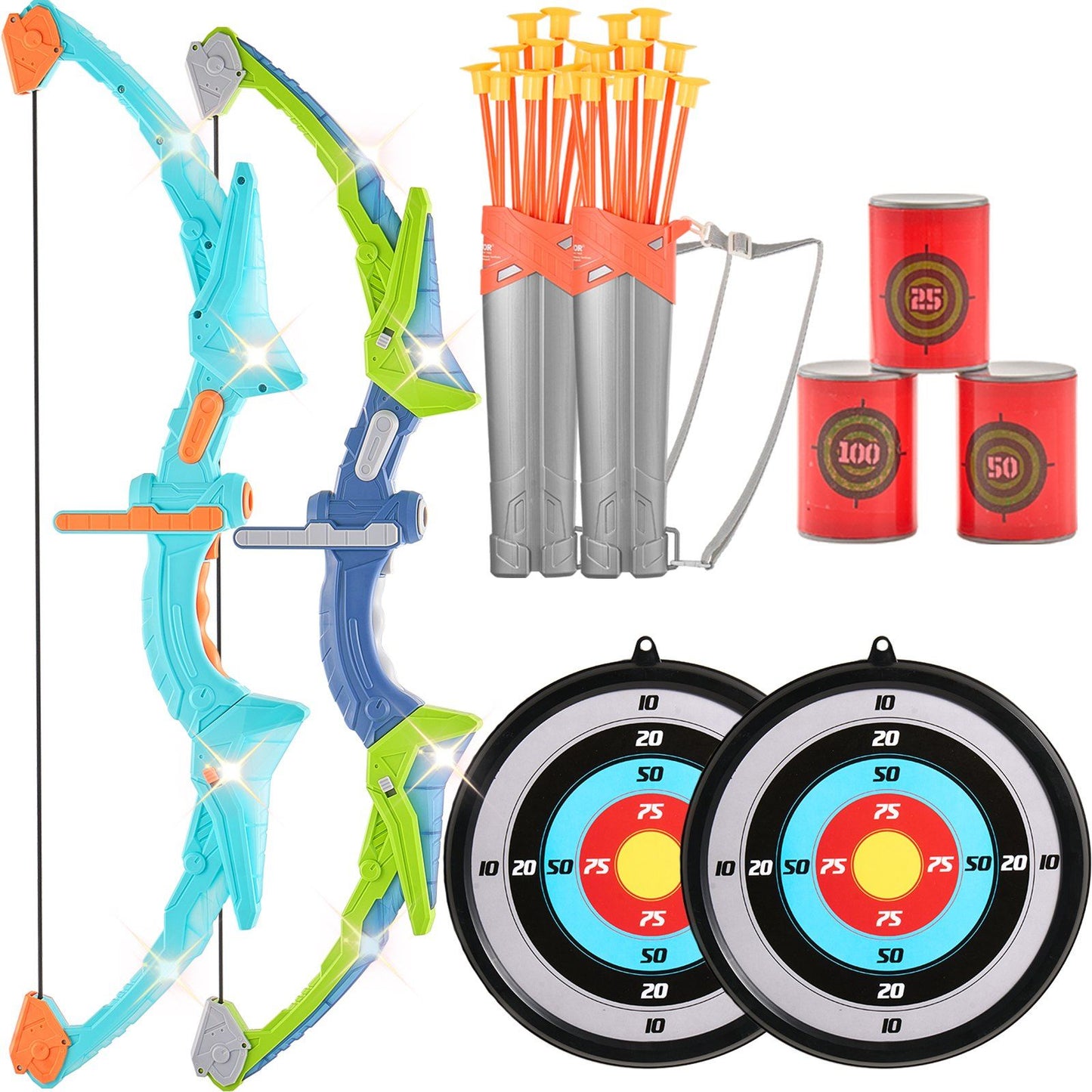 VEVOR Bow and Arrow Set for Kids, 2 Pack LED Light Up Archery Set with 20 Suction Cup Arrows, 2 Hanging Targets, 2 Quivers, 3 Target Cans, Outdoor Toy Birthday Gift for Boy & Girl 6 7 8 9 10+ Year Old