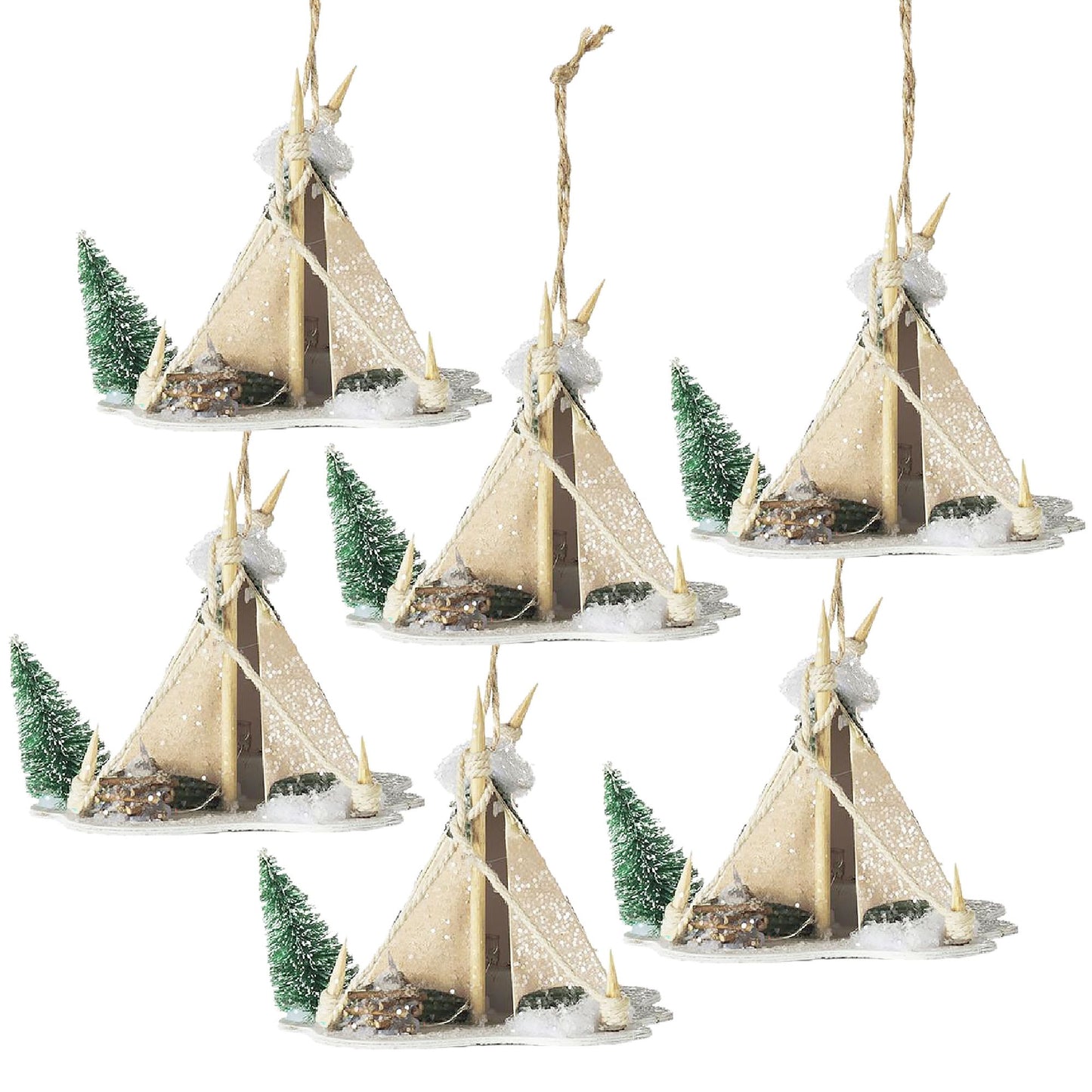 5x3.5x4" Cardboard Lited Tent Ornament, Decorative Hanging Christmas Tree Ornaments for Holiday Party Decorations, Set of 6