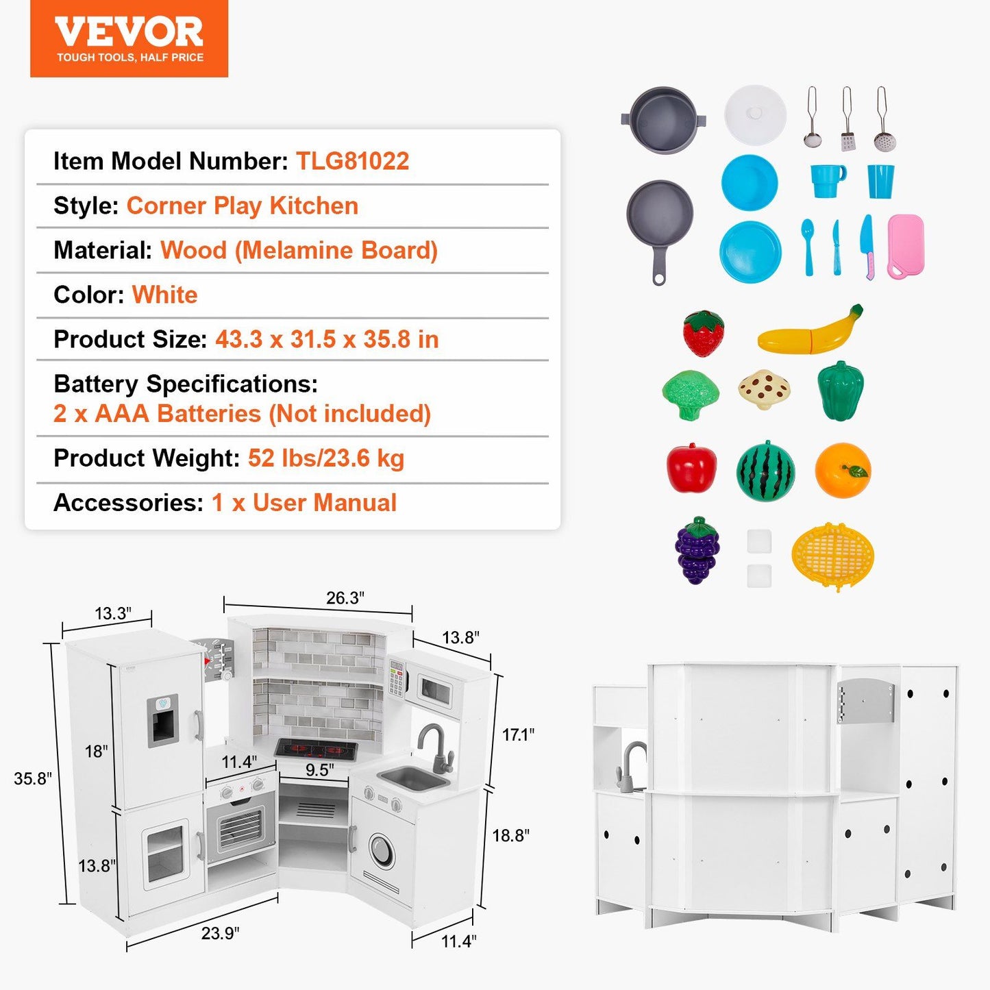 Christmas Gift! VEVOR Kitchen Playset Kids Pretend Cooking Play Toy 24 Piece Accessories White