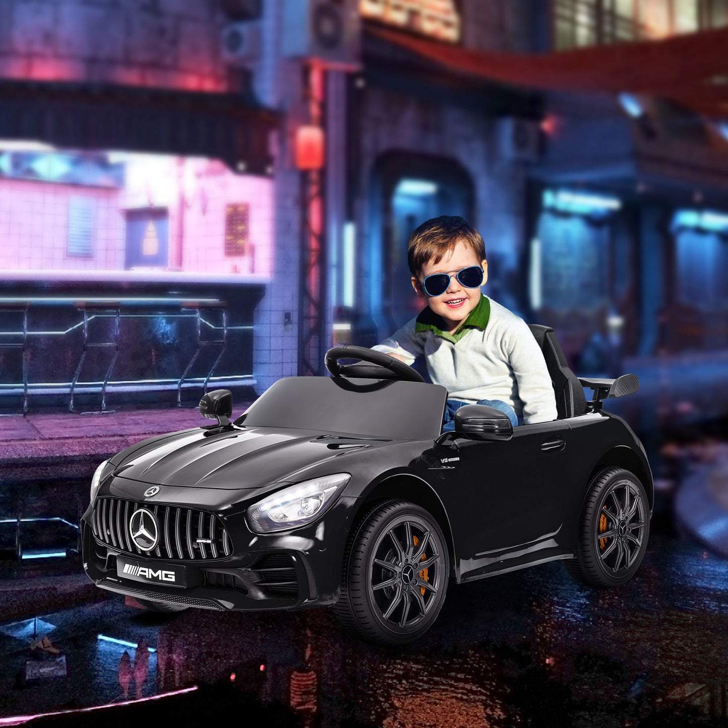 Qaba Mercedes-Benz AMG GTR Licensed 12V Kids Ride on Car, Battery Powered Kids Electric Car with Remote Control, Transport Wheels, Soft Start, Lights, Music, Horn & 3 Speeds for 3-6 Years, Black