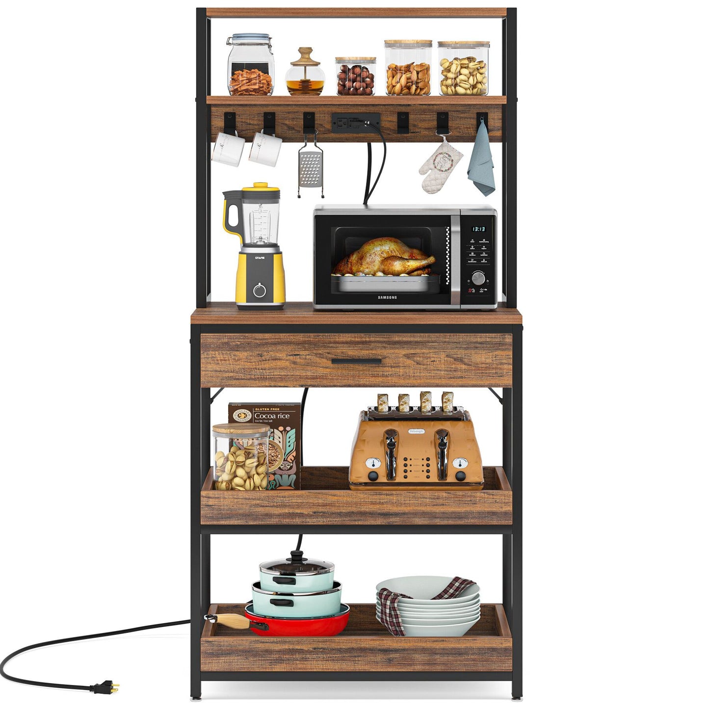 5-Tier Kitchen Baker's Rack with Power Outlets, Drawer & Sliding Shelves