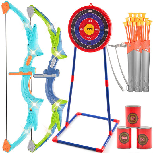 VEVOR Bow and Arrow Set for Kids, 2 Pack LED Light Up Archery Set with 20 Suction Cup Arrows, Standing Target, 2 Quivers, 3 Target Cans, Outdoor Toy Birthday Gift for Boys & Girls 6 7 8 9 10+ Year Old