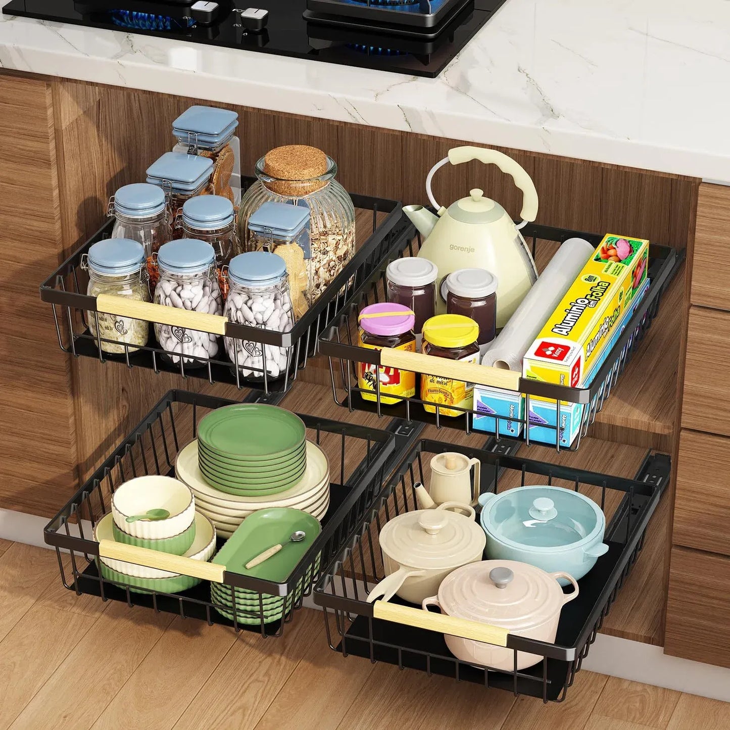 Pull Out Cabinet Organizer, Metal Slide Out Drawers for Cabinets, Sliding Drawers Adhesive Nano Film Roll out Shelf for Kitchen Pantry Bedroom