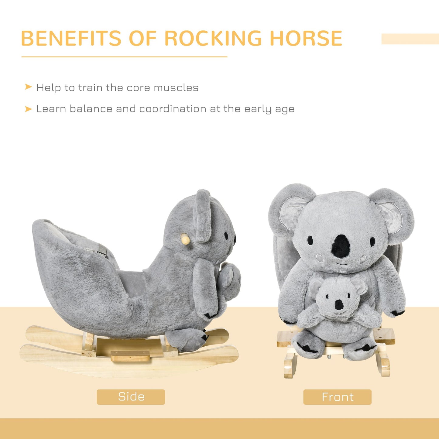 Qaba Kids Ride-On Rocking Horse, Koala-shaped Rocker with Realistic Sounds for Children 18-36 Months, Gray