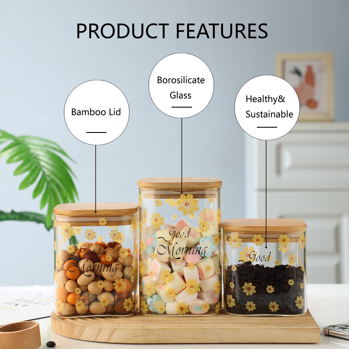 3 Pcs Glass Storage Jars Coffee Jars Candy Jars Snack Jars Miscellaneous Grain Jars Tea Jars With Bamboo Caps