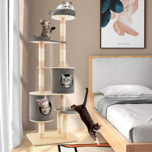 6-Tier Wooden Cat Tree with 2 Removeable Condos Platforms and Perch