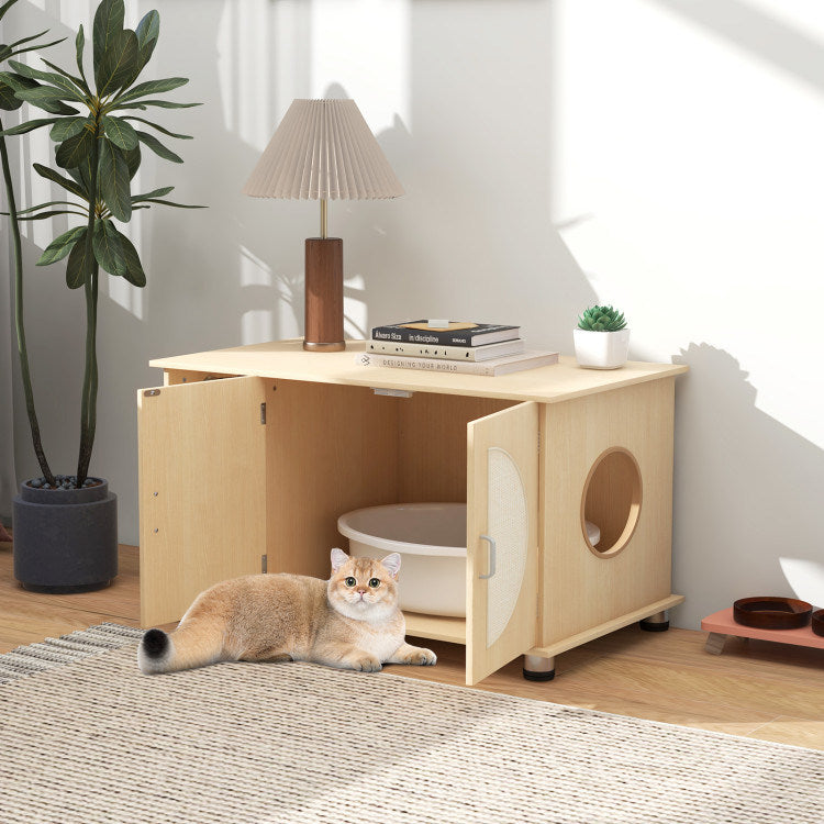 Cat Litter Box Enclosure with Sisal Scratching Doors and Adjustable Metal Feet