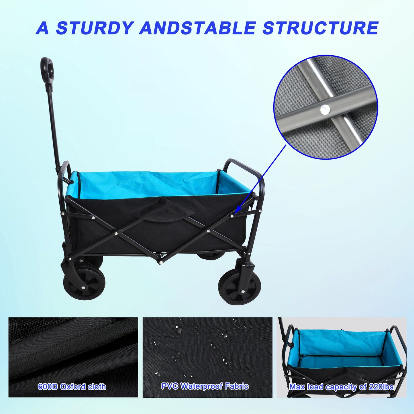 Mini Folding Wagon Garden Shopping Beach Cart (black+blue)