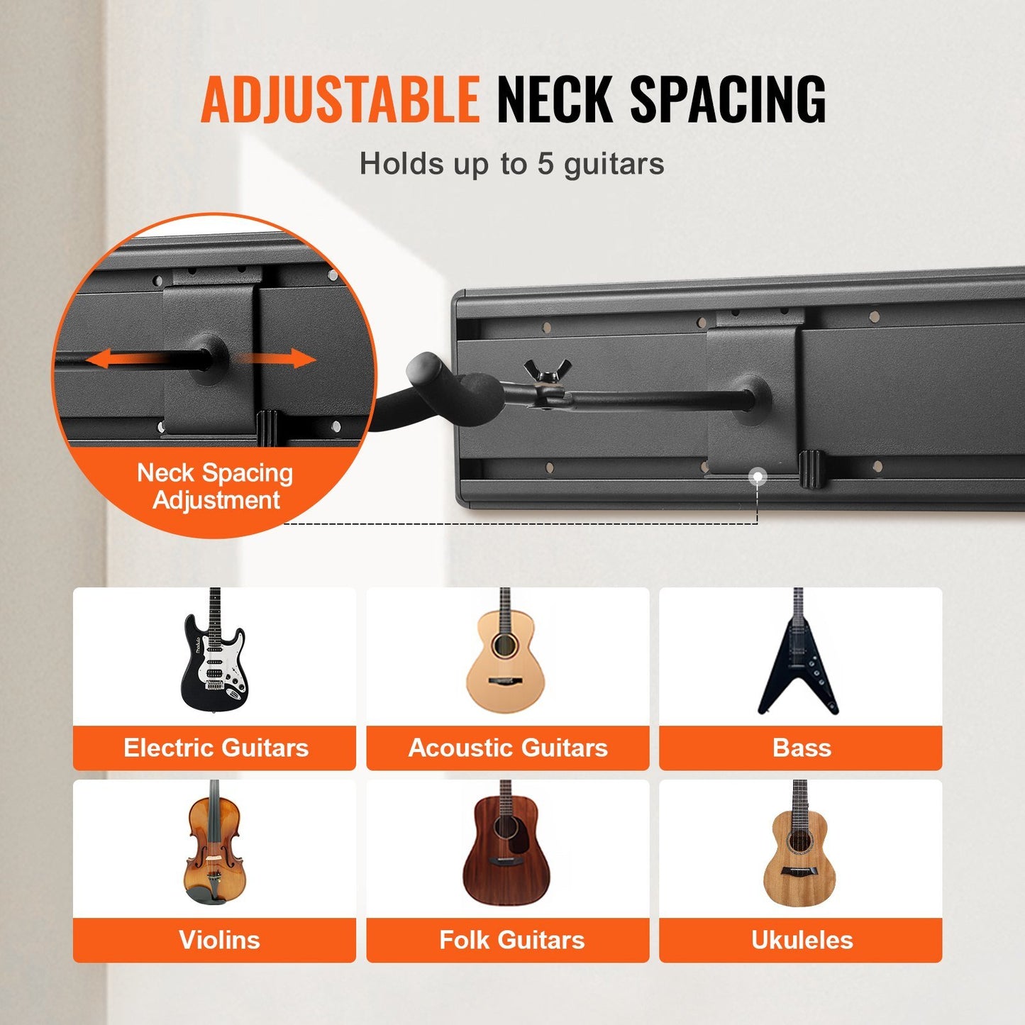 VEVOR 5-Space Guitar Stand Wall-Mounted Foldable Rack Hold Up to 5 Guitars