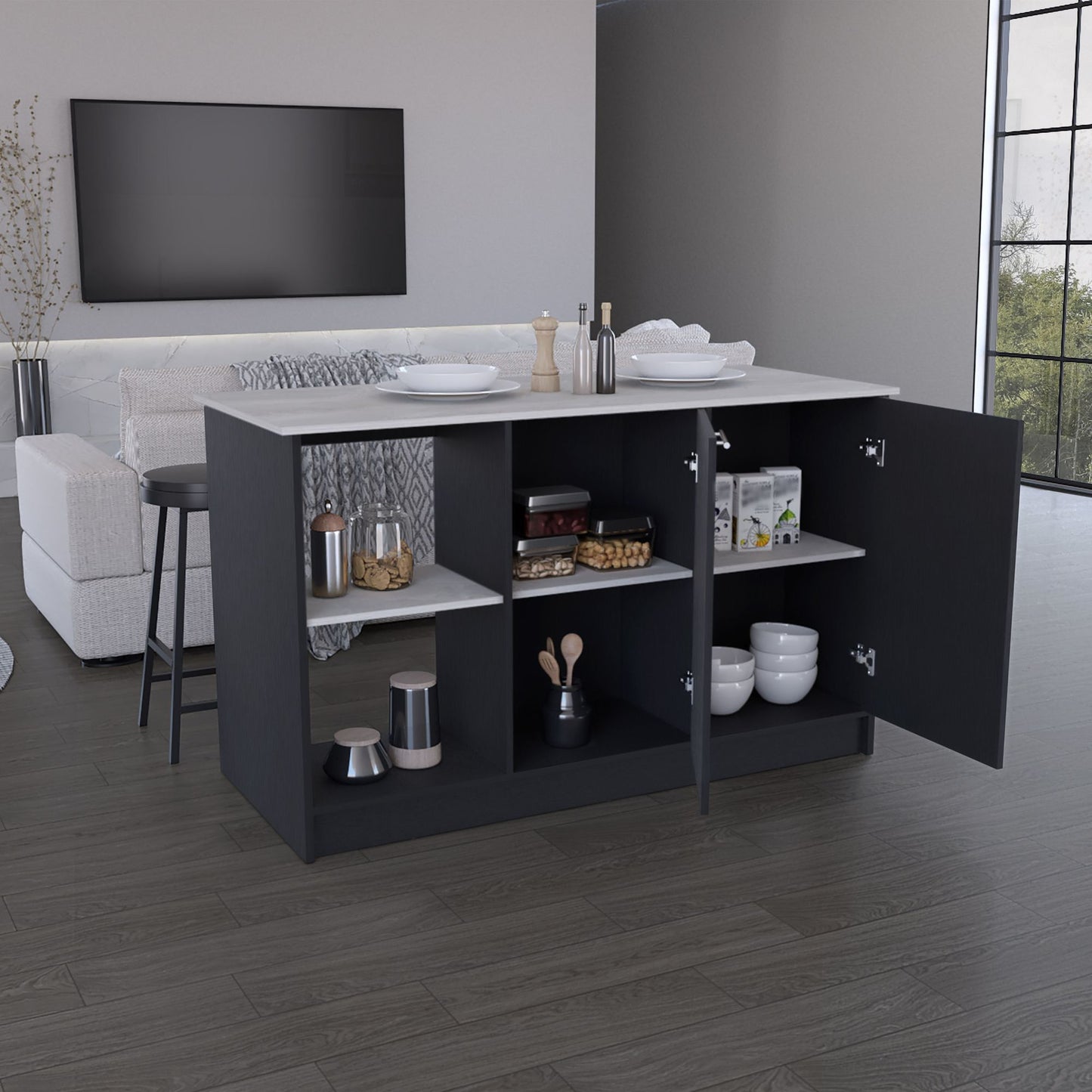 Kitchen Island with Large Countertop, Open Storage Shelves and Double Door Cabinet, Black / Onyx