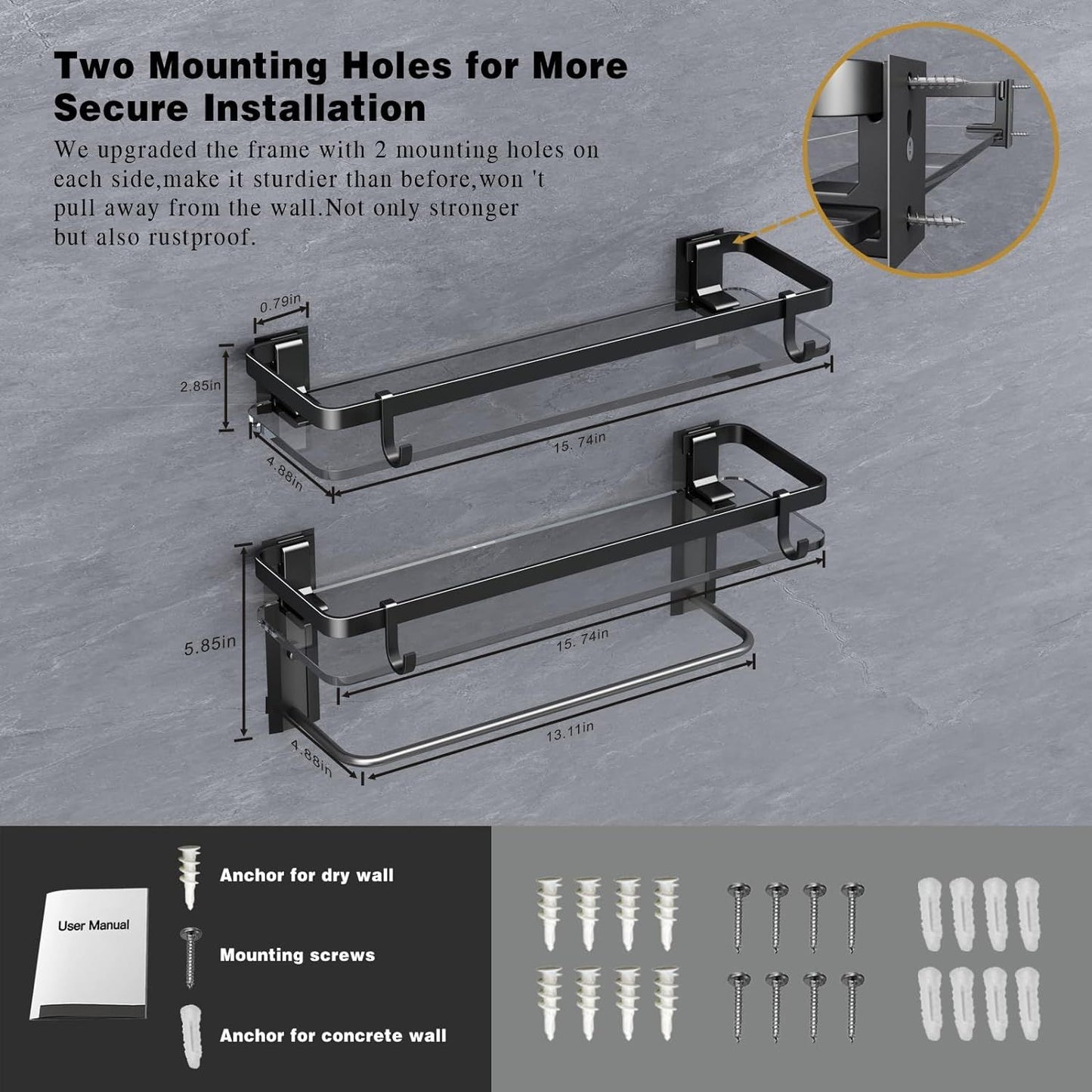 Glass Shelf for Bathroom 15.7 in Bathroom Shelves with Towel Bar Tempered Glass Shelves with 4 Removable Hooks for Wall(2 Tier)