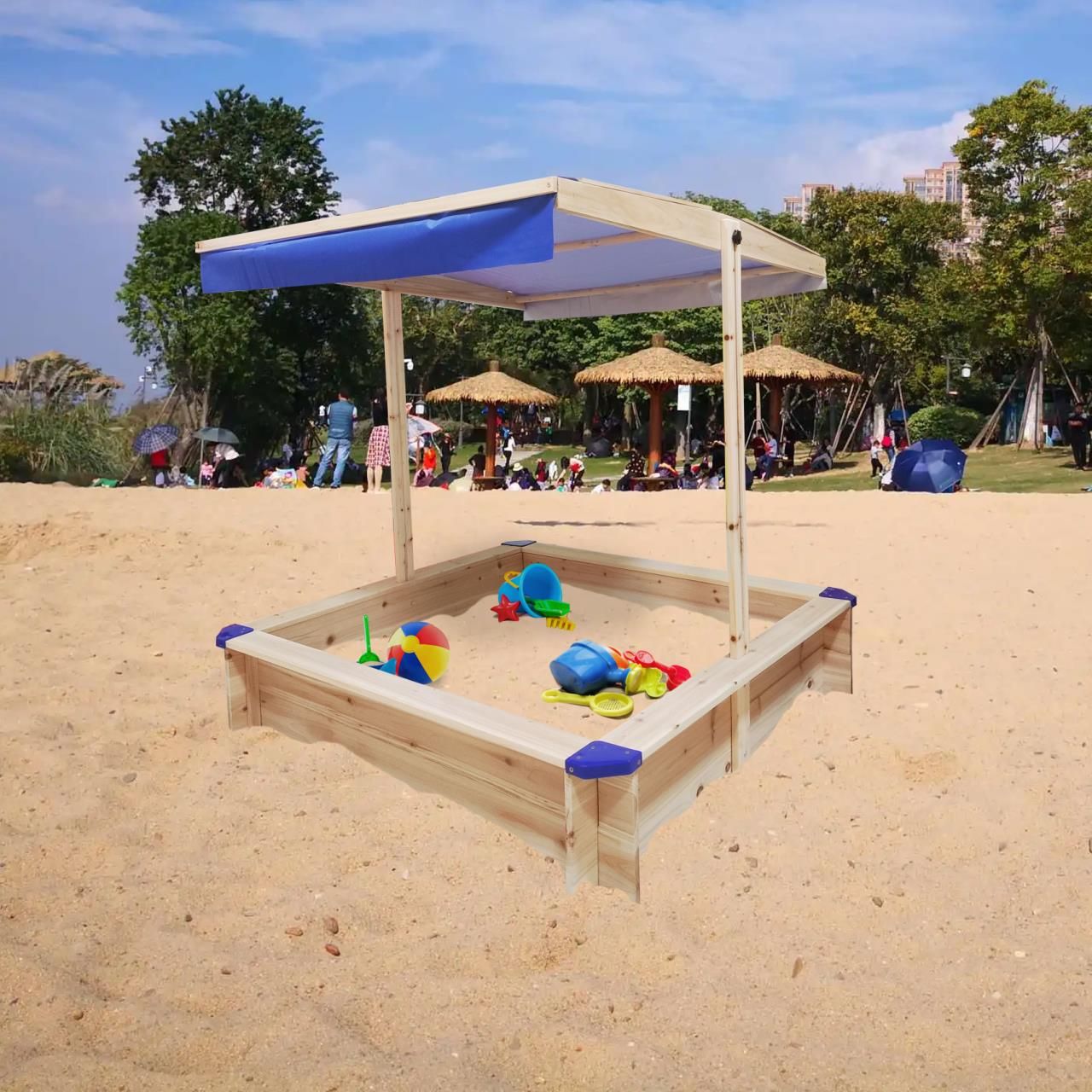 Children's Wooden Sandbox with Adjustable Canopy, Sandpit with Covers Kids Wood Playset Outdoor Backyard - Upgrade Retractable,45.3"L x 45.3"W x 46.5"H,Golden Red