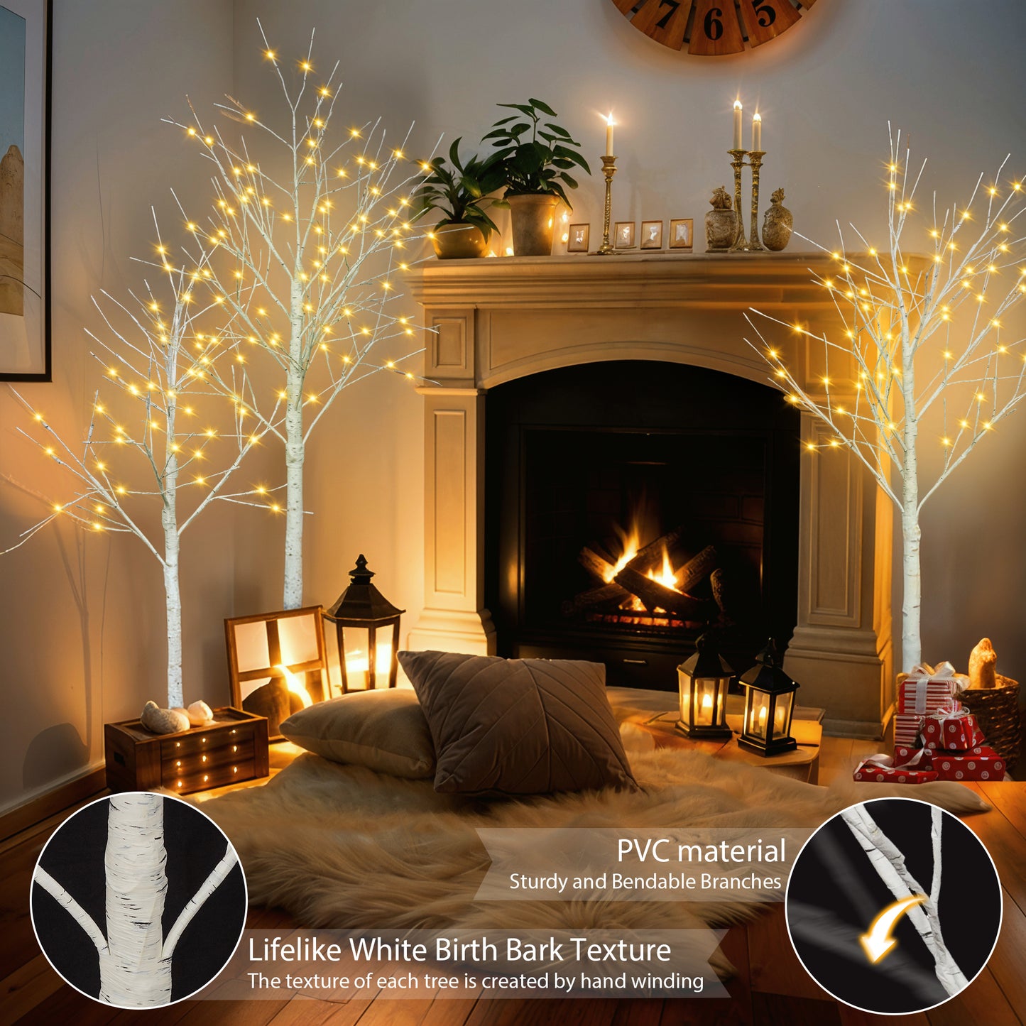 Set of Lighted Birch Tree,4FT 48 LED/5FT 72 LED/6FT 96 LED Artificial Tree with Warm White Lights,Christmas Tree