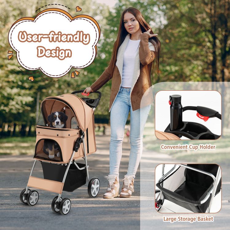 Folding Pet Stroller with Storage Basket and Adjustable Canopy