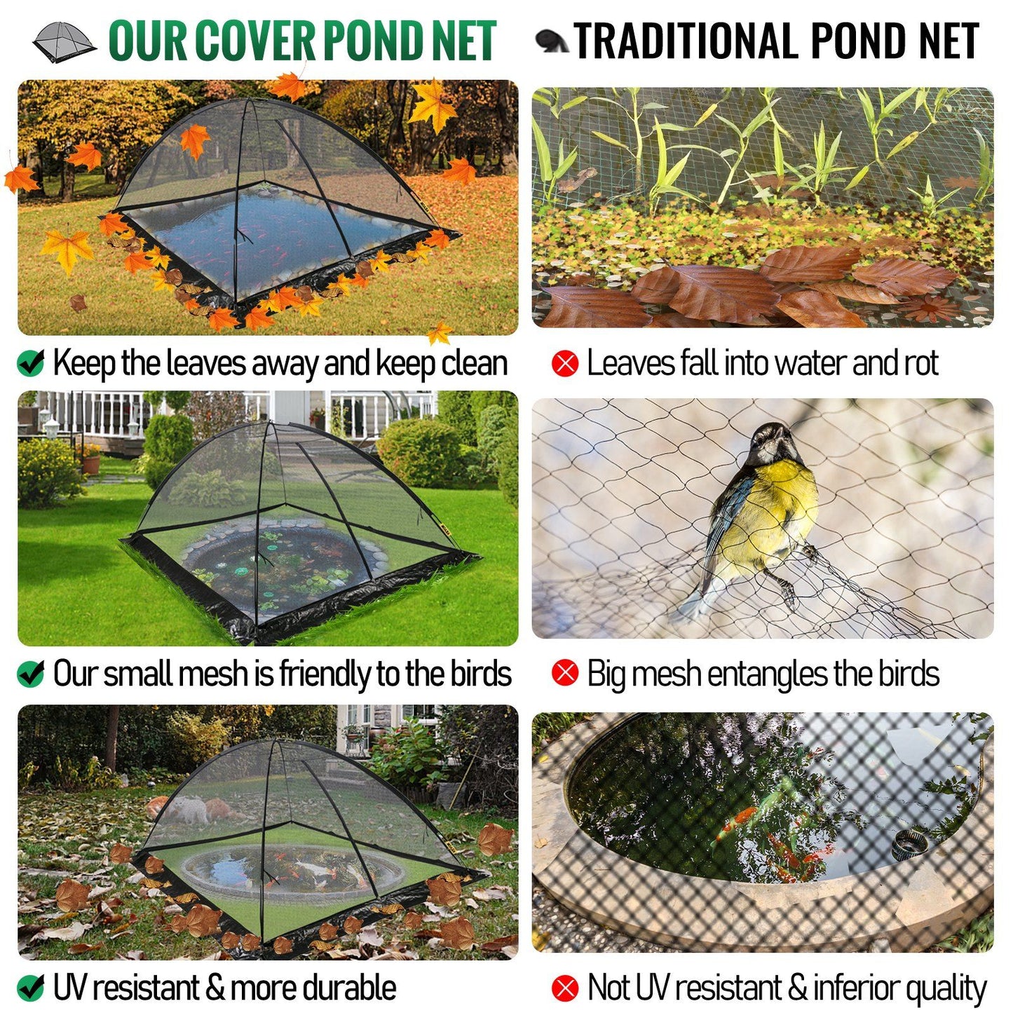 VEVOR Pond Cover Dome, 7x9 FT Garden Pond Net, 1/2 inch Mesh Dome Pond Net Covers with Zipper and Wind Rope, Black Nylon Pond Netting for Pond Pool and Garden