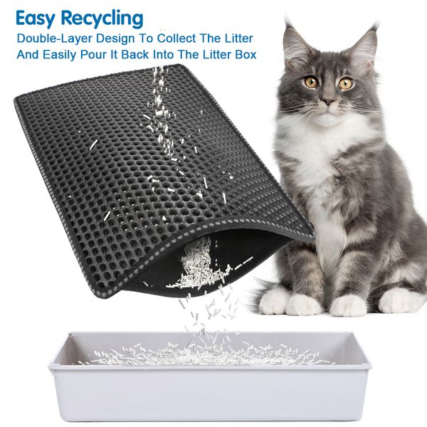 Cat Litter Mat, Kitty Litter Trapping Mat, Double Layer Mats with MiLi Shape Scratching design, Urine Waterproof, Easy Clean, Scatter Control 21" x 14" Black