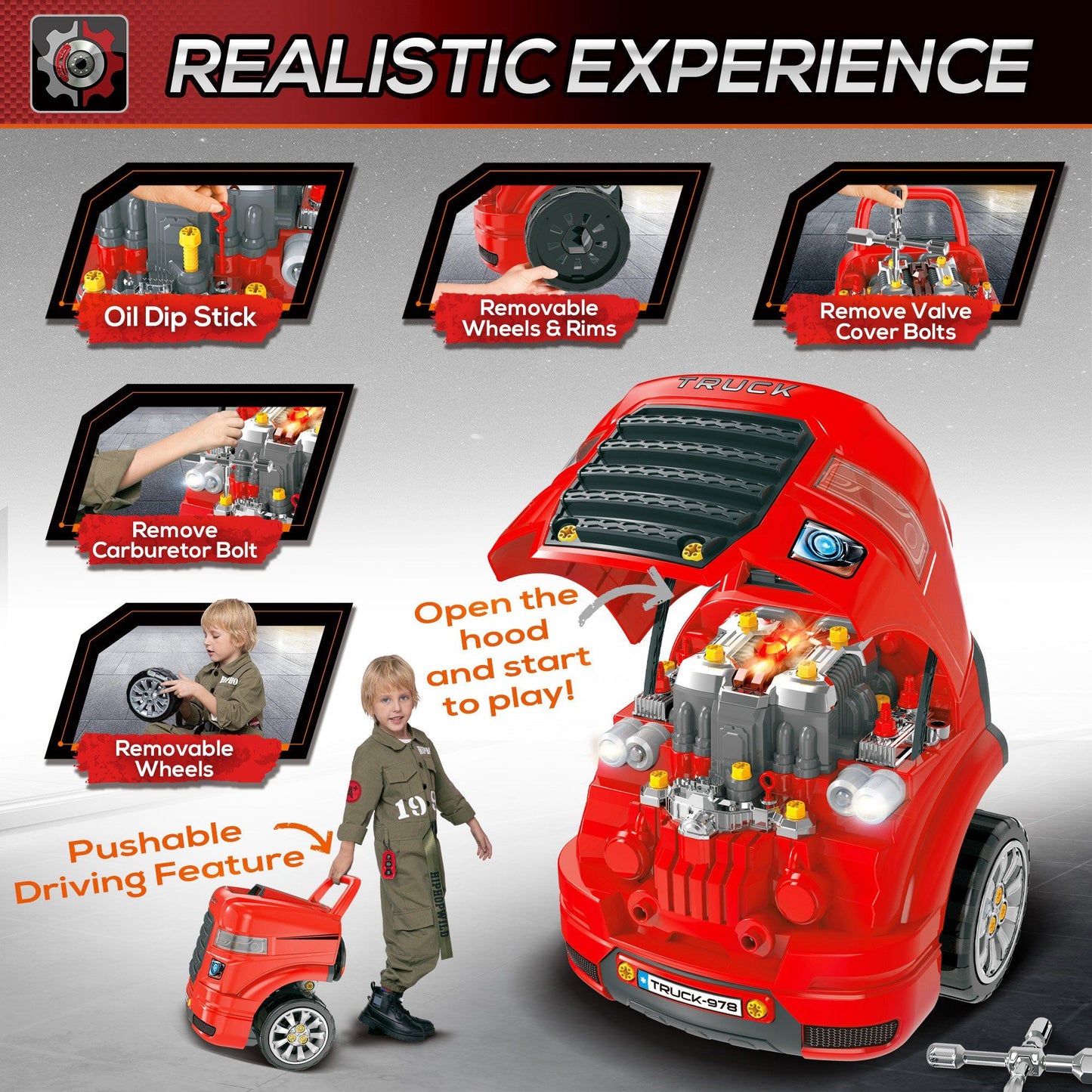 Qaba Kids Truck Engine Toy, Kids Mechanic Car Repair Set, Engine Disassembly Play Workshop, Includes 61 Pieces, Steering Wheel, Horn, Light for 3-5 Years Old, Red