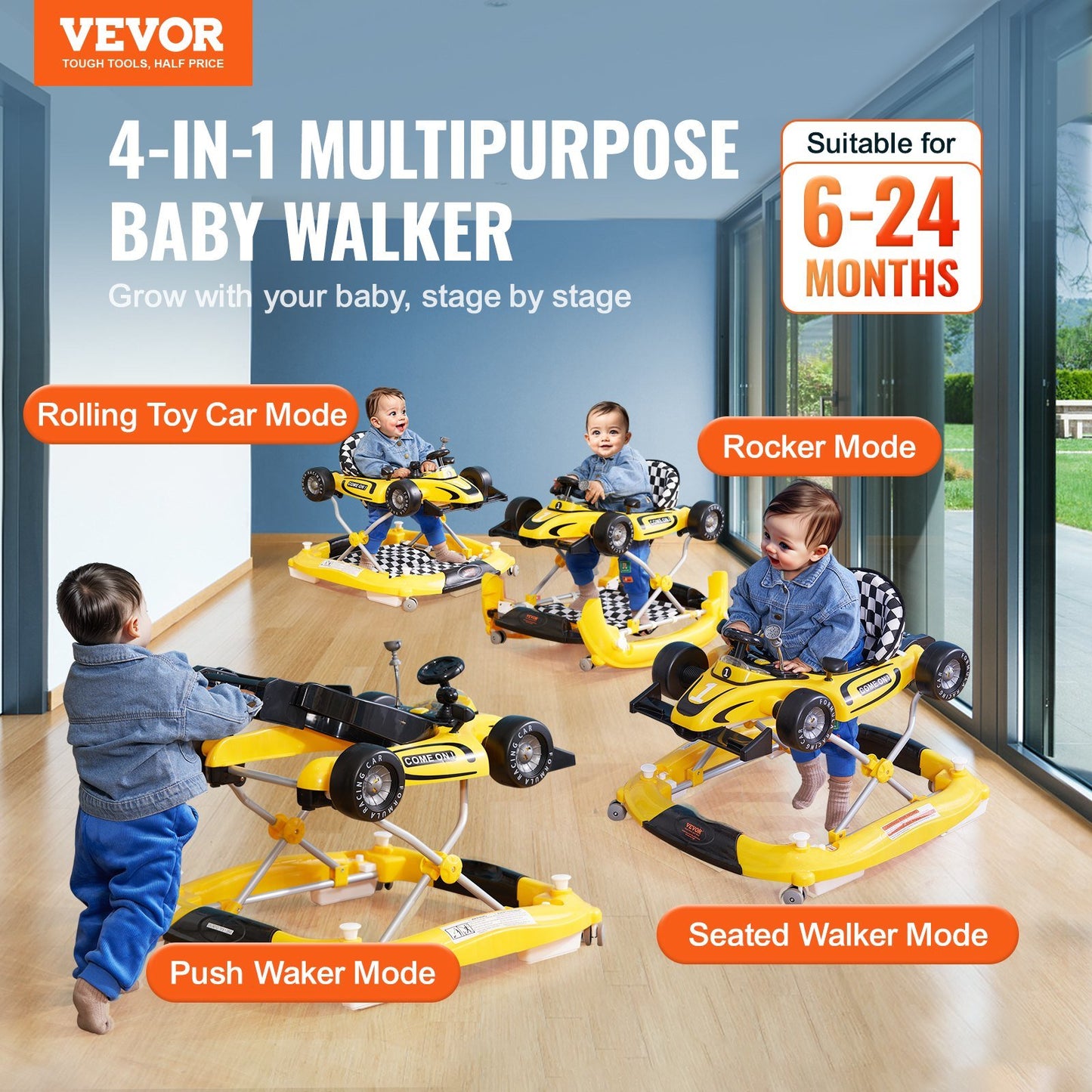 VEVOR 4-in-1 Baby Walker, Foldable Baby Activity Center on Wheels, Adjustable Height, Light, Steering Wheel, Toy Car | Learning-Seated | Walk-Behind | Rocker Toddler Walker for 6-24 Month Boys Girls