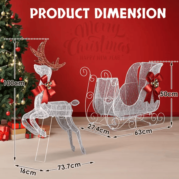 3-Piece Lighted Set Of 2 Reindeer & Sleigh, Weather Proof Christmas Outdoor Decorations With Pre-lit 270 LED White Lights And Stakes For Xmas Outdoor Holiday Indoor Decor Lighted Holiday Displays, Whi