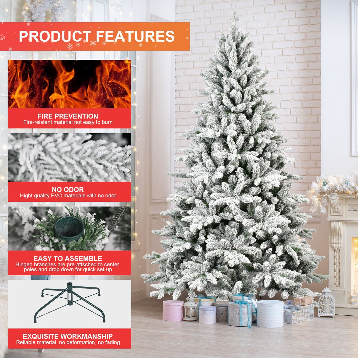 6ft PVC&PE Flocking Hinged Tree Environmentally Friendly Fireproof Artificial Christmas Flocked Tree