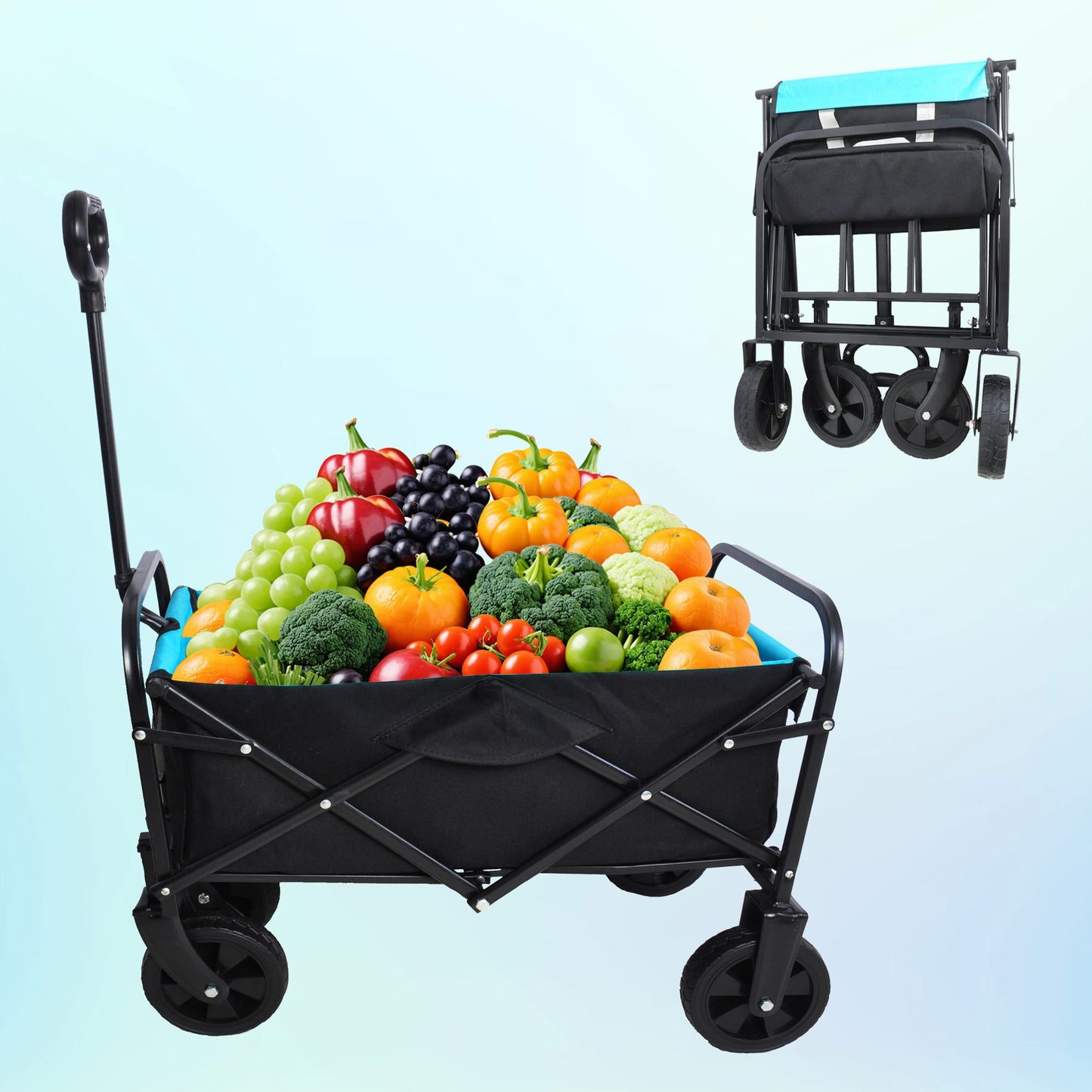 Mini Folding Wagon Garden Shopping Beach Cart (black+blue)