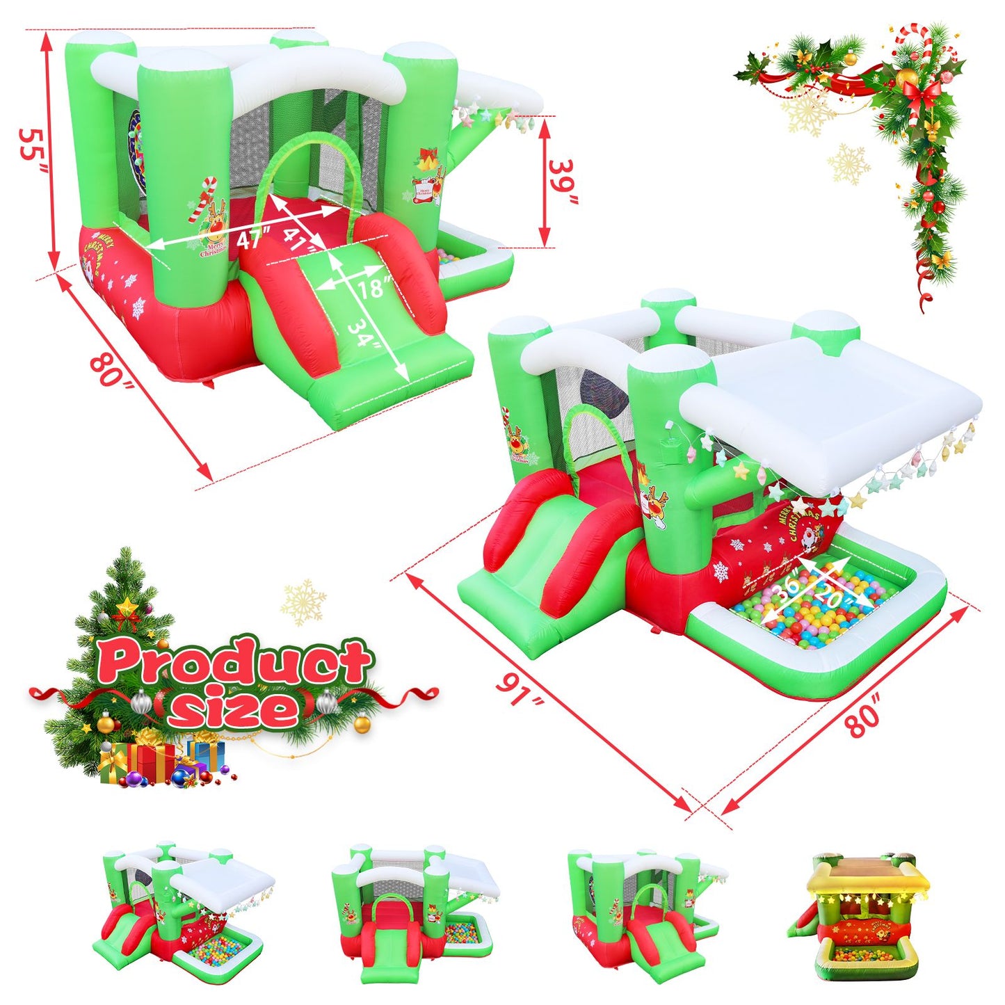 Christmas Jump 'n Slide Inflatable Bouncer for Kids Complete Setup with Blower - 80" x 91" Play Area - 55" Tall