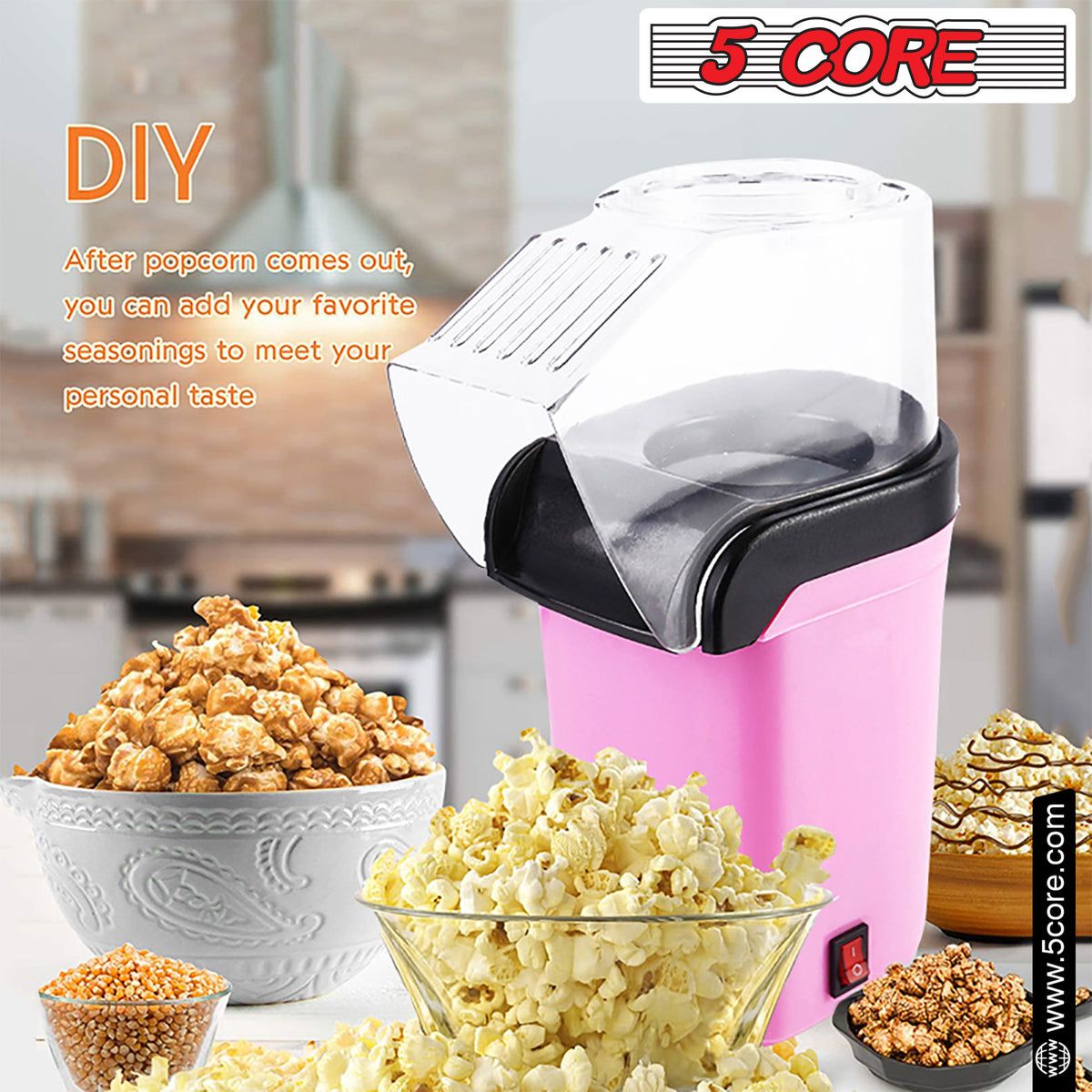 5 Core Popcorn Machine 16 Cup Capacity Hot Air Popper Mini Portable Tabletop Electric Pop Corn Maker Maquina Para Hacer Palomitas De Maiz For Home Movie Party