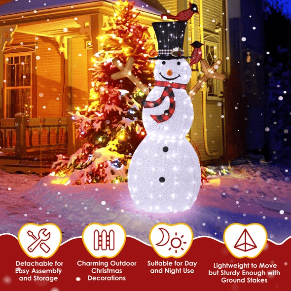 Lighted Snowman Christmas Yard Decorations, Pre-lit Snowman And Birds With 170 LED White Lights And Stakes For Xmas Outdoor Holiday Indoor Decor Lighted Holiday Displays