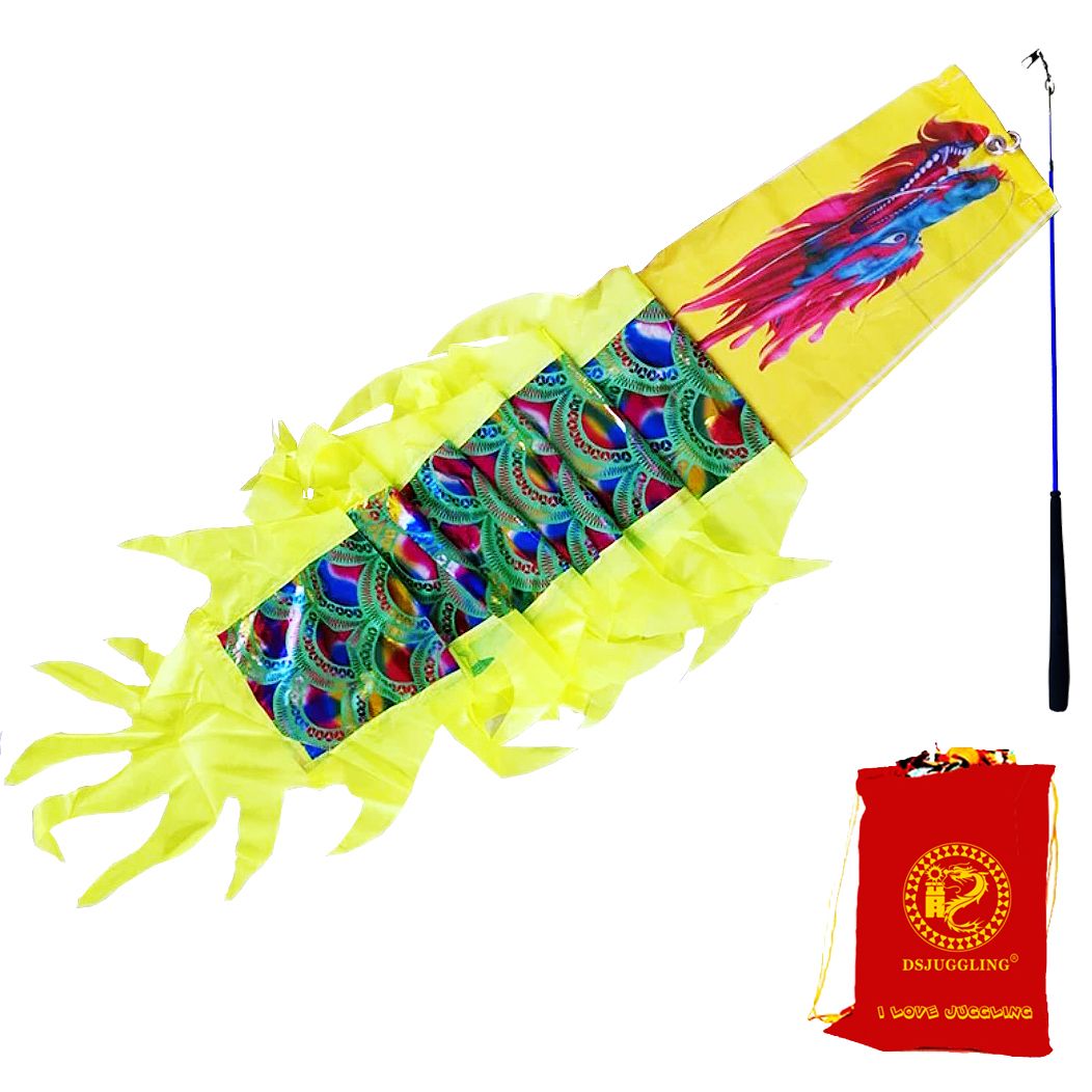 3 Meters (9.8 FT) Golden Scale Silk Dragon POI Outdoor Flinging Wind Spinners & Fitness Dragon Dance Wu Long 3D dragon Ribbon Streamer with Fiberglass Handstick + Travel Bag!