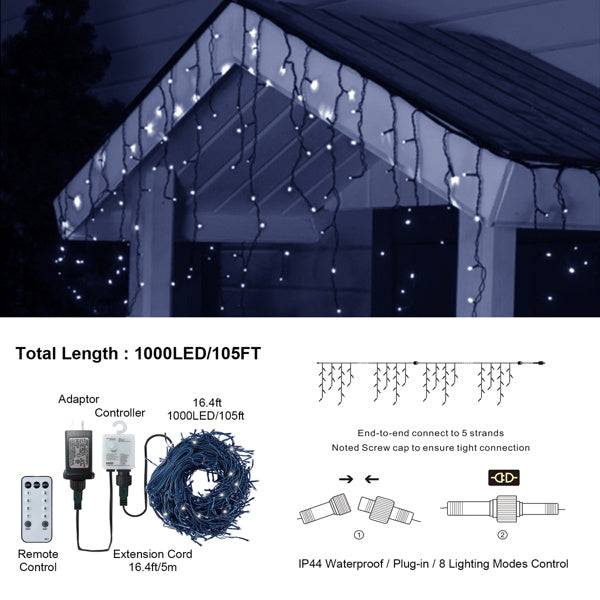 105ft Outdoor Christmas Decoration Lights,1000 LED 8 Modes Curtain Fairy Lights with 50 Drops,Plug in,Waterproof,Timer,Memory Function for Christmas Holiday Wedding Party Decorations