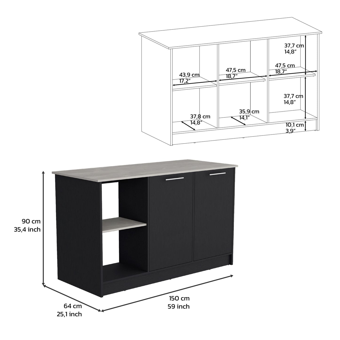 Kitchen Island with Large Countertop, Open Storage Shelves and Double Door Cabinet, Black / Onyx