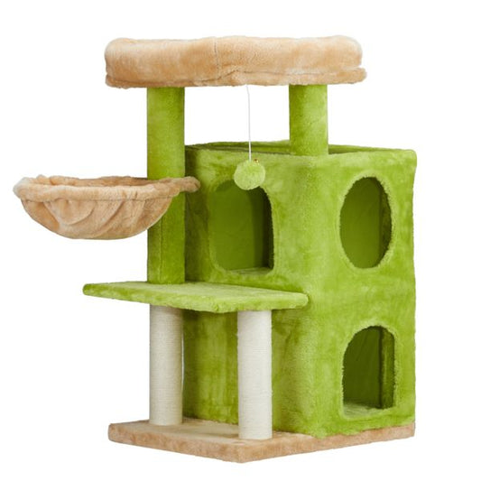 33 inch Cat Tree Cat Tower for Indoor Cats, Cat Activity Center Play House with Large Padded Perch, Hammock, 2-Tiered Condo, Scratching Posts & Dangling Ball, Yellow & Green