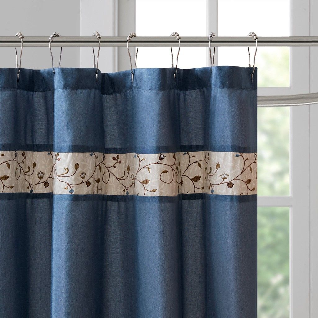 Faux Silk Embroidered Floral Shower Curtain